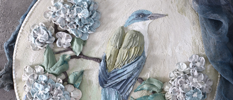 15 three-dimensional paintings with birds from texture paste