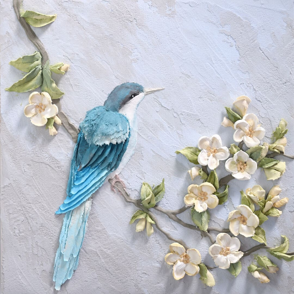 скульптурная живопись, 3D птицы, объёмная картина с птицами, объёмная птица из пасты